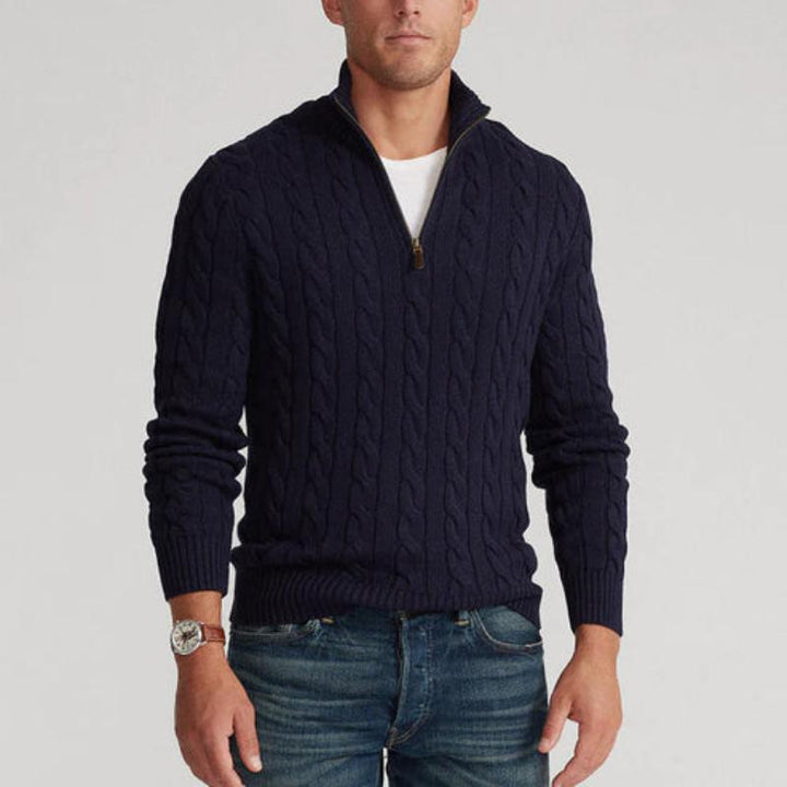 Versatile long-sleeve men's cable knit sweater for layering, ideal casual wear.