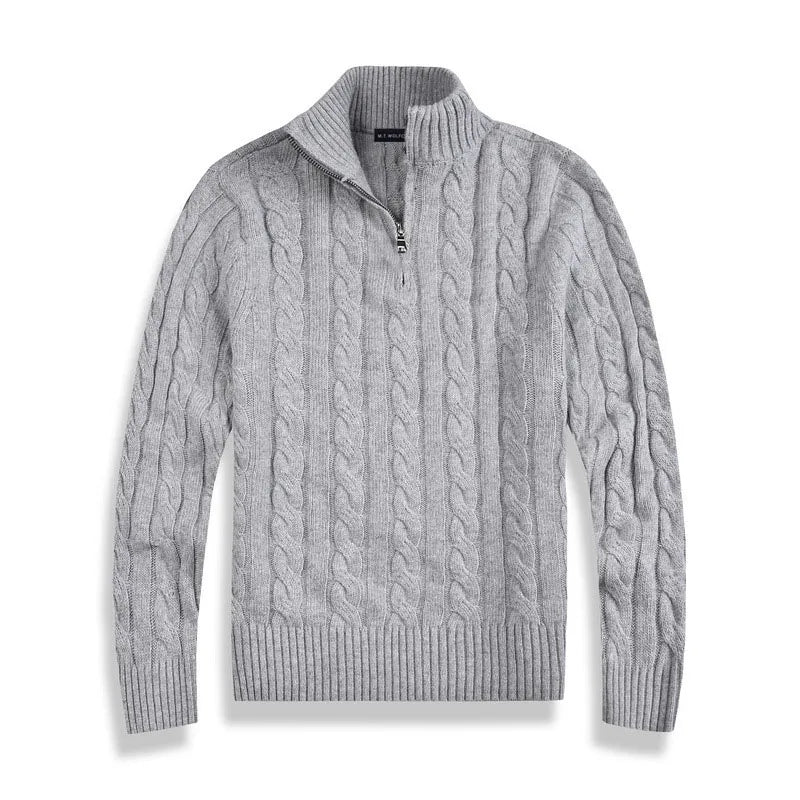 Stylish men's cable knit quarter-zip sweater, great for casual comfort & everyday wear.