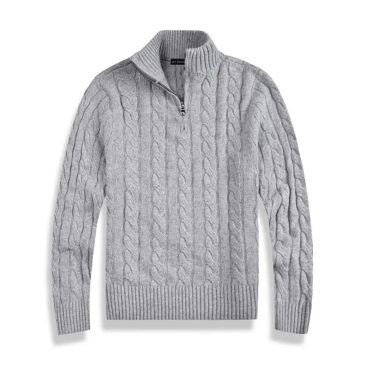 Stylish men's cable knit quarter-zip sweater, great for casual comfort & everyday wear.