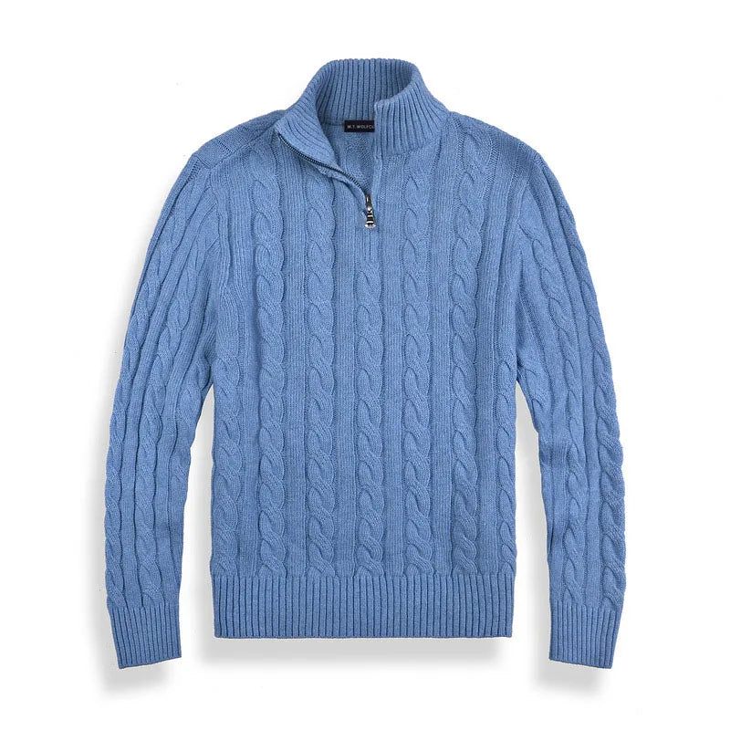 Premium men's cable knit quarter-zip pullover knitwear, offering cozy warmth.