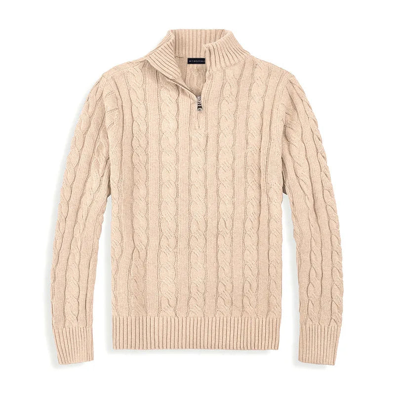 Warm men's cable knit quarter-zip sweater, a comfortable long-sleeve winter essential.