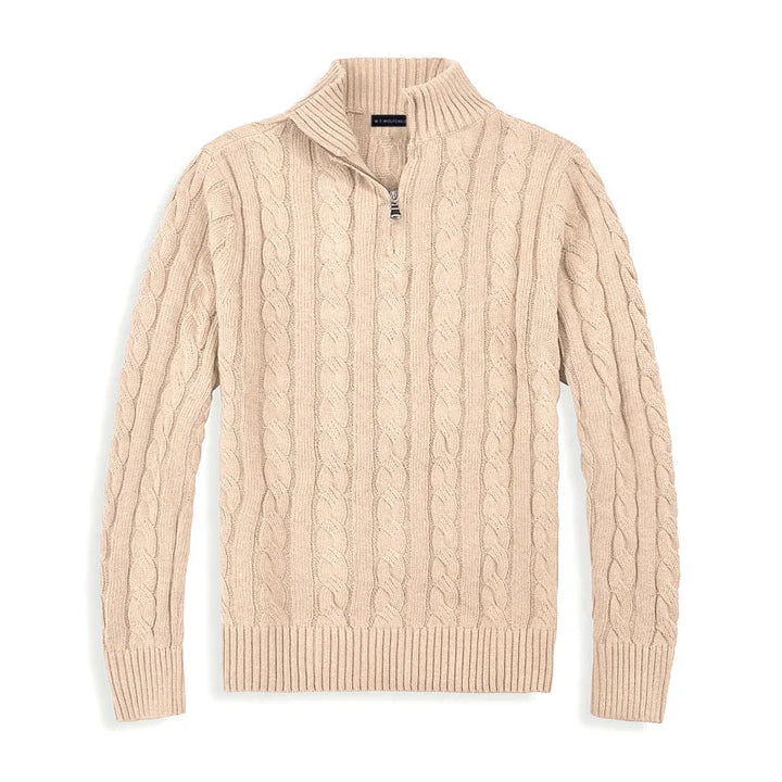 Warm men's cable knit quarter-zip sweater, a comfortable long-sleeve winter essential.