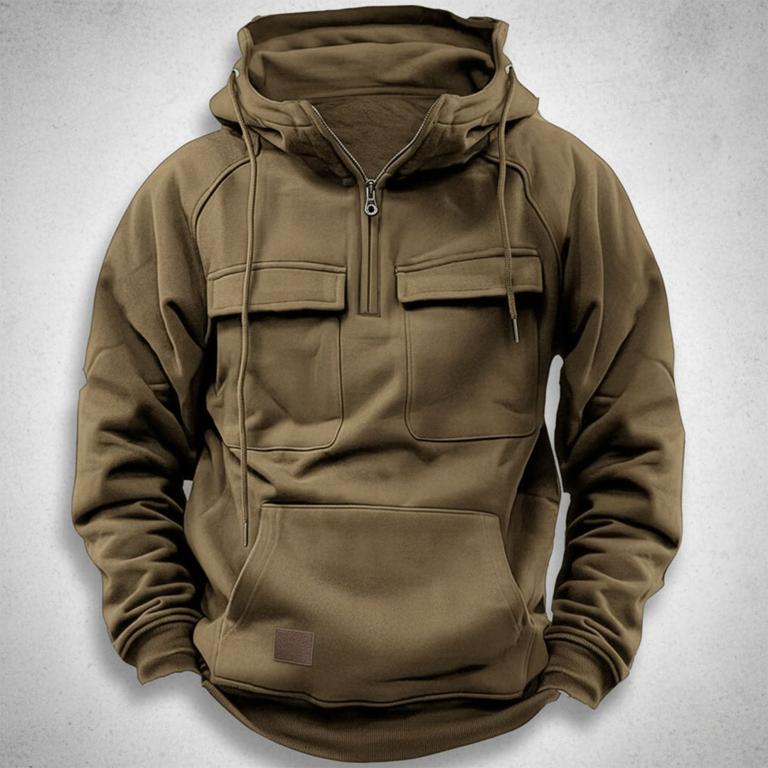 Close-up of men's quarter zip hoodie, highlighting practical zipper, soft fabric, and comfortable hood.