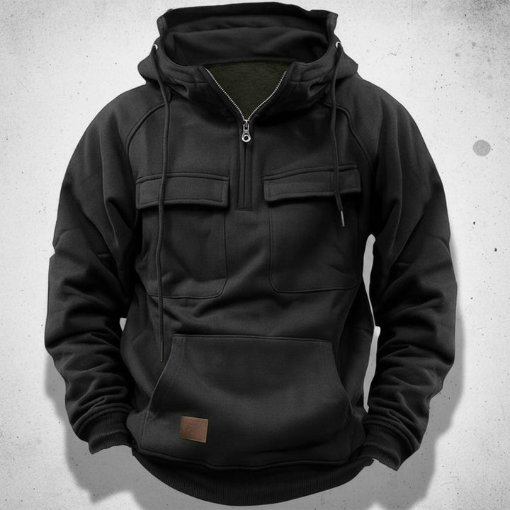 Stylish man wearing a comfortable men's quarter zip hoodie, perfect for casual layering and everyday outings.