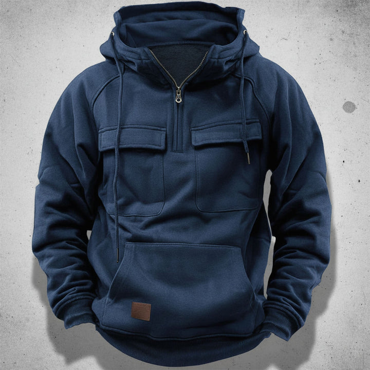 Cozy men's quarter zip hoodie made from soft, warm fabric, offering ultimate comfort for winter casual wear.