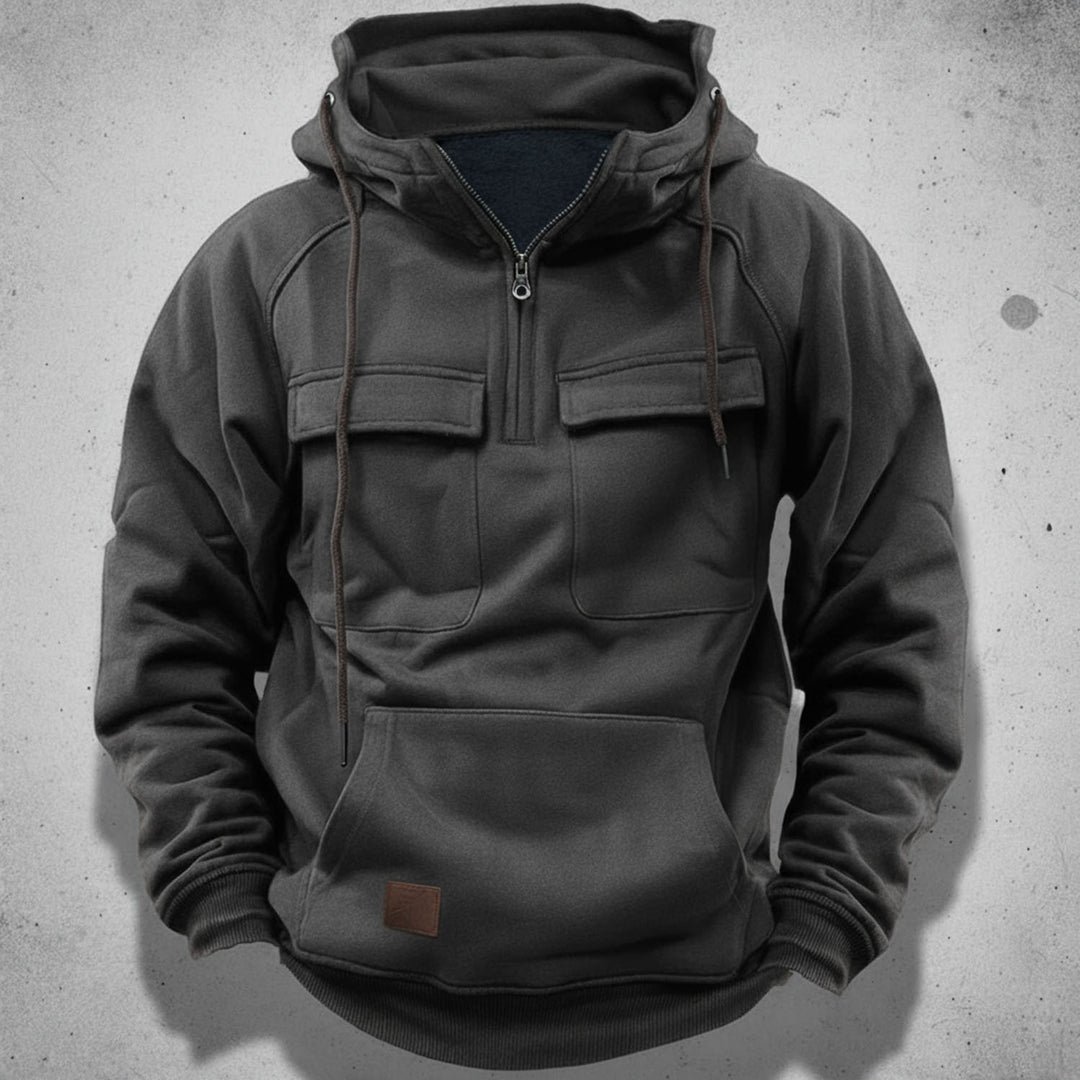 Front view of a men's quarter zip hoodie, showcasing its modern design, everyday style, and practical hood.