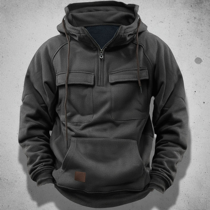 Front view of a men's quarter zip hoodie, showcasing its modern design, everyday style, and practical hood.