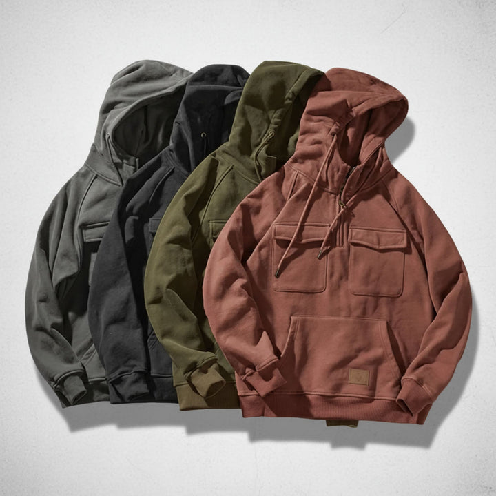 Men's quarter zip hoodie, designed for practical layering, comfortable wear, and versatile everyday fashion.