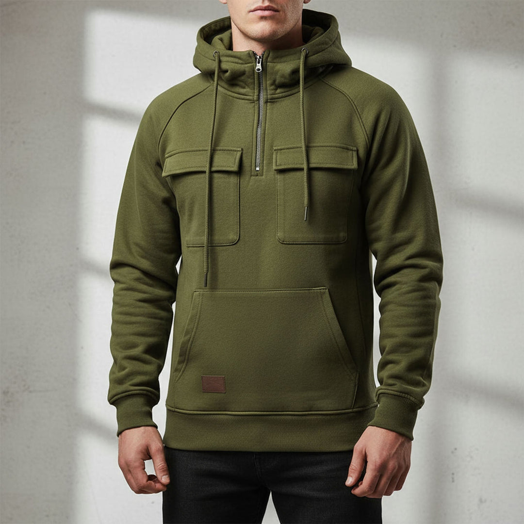Comfortable men's quarter zip hoodie, perfect outerwear for casual events, winter warmth, and cozy style.