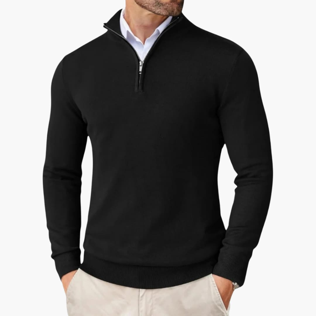 Men's quarter zip knit pullover in modern style. Long sleeve top for smart casual or layering.