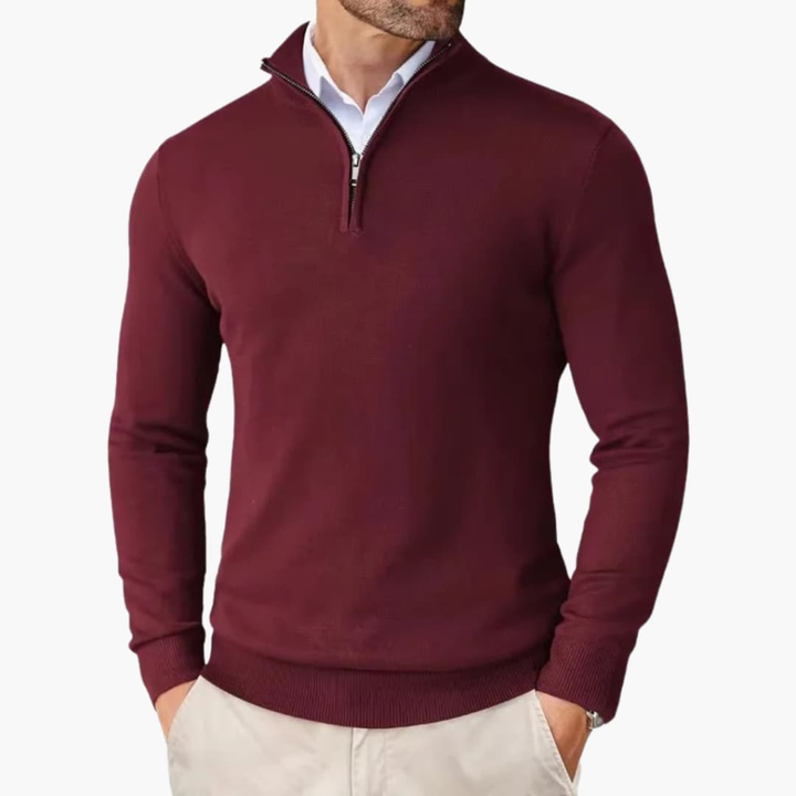 Modern men's quarter zip knit pullover. Versatile long sleeve top for casual & smart casual wear.