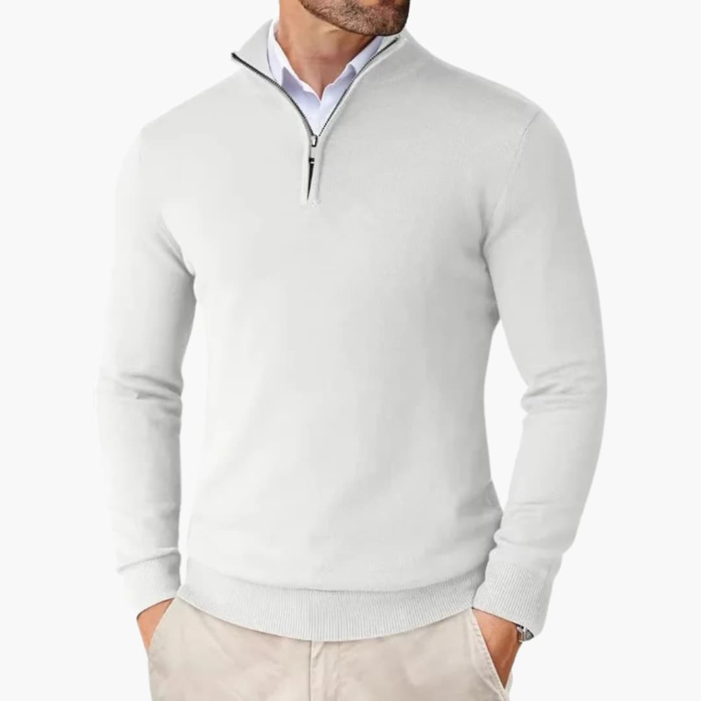 Man wearing a stylish quarter zip knit pullover, ideal long sleeve top for fall fashion & comfort.