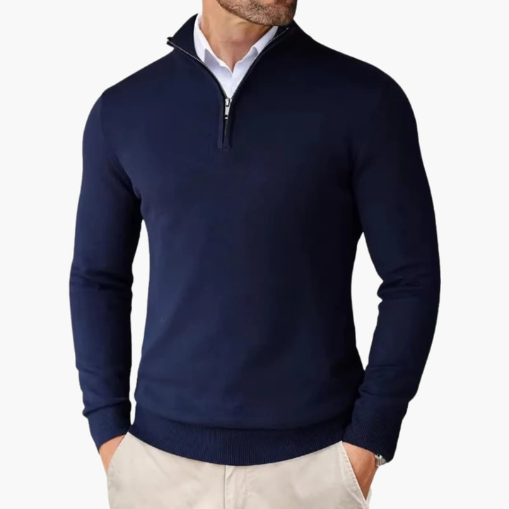 Detailed view of a men's modern quarter zip knit pullover. Textured long sleeve top for fall & winter.