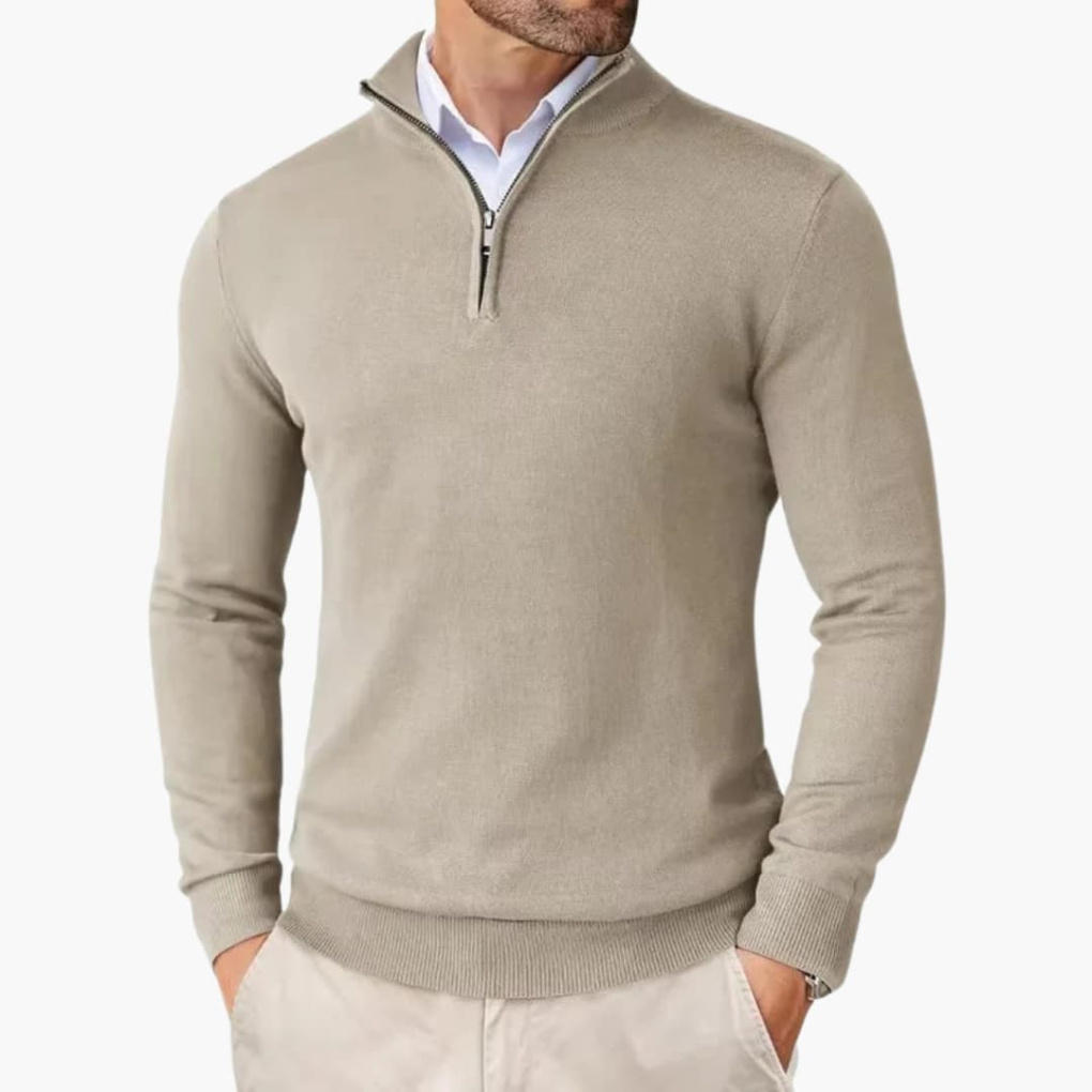 Stylish men's long sleeve quarter zip knit pullover, an essential modern top for fall and winter fashion.