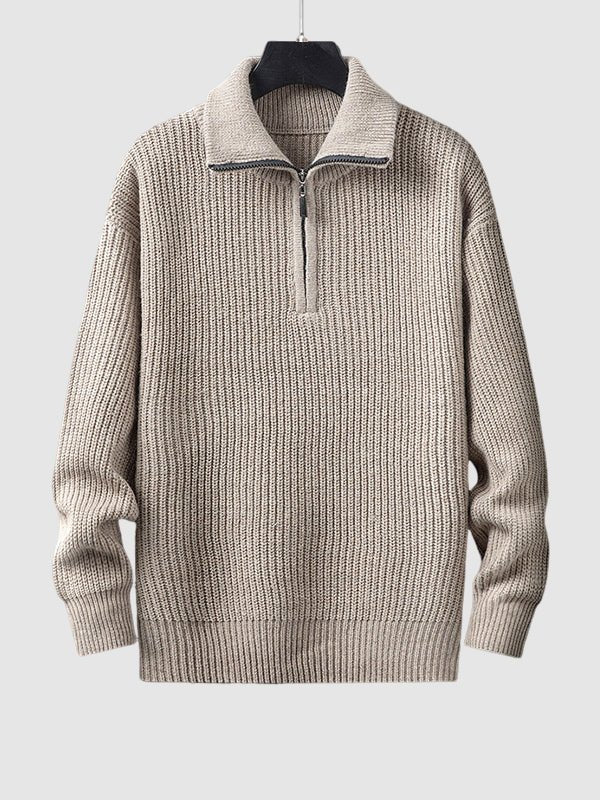 Modern men's quarter zip knit pullover, stand collar, comfortable & stylish daily wear.