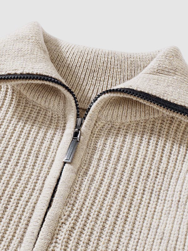 Men's ribbed knit quarter zip pullover sweater, ideal for cozy cool weather comfort.