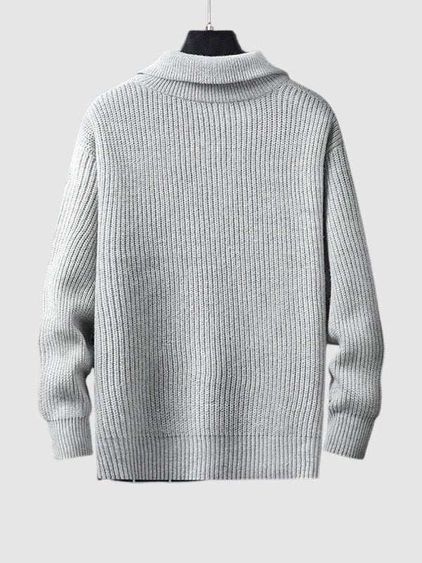Casual men's knit pullover sweater with quarter zip and stand collar, fall fashion.