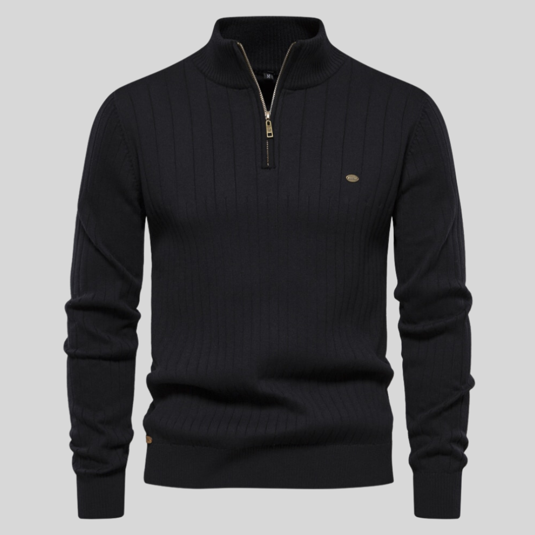 Men's quarter-zip long-sleeve sweater. Versatile & stylish, perfect for casual wear & layering in fall.