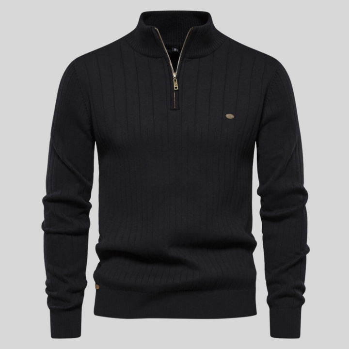 Men's quarter-zip long-sleeve sweater. Versatile & stylish, perfect for casual wear & layering in fall.