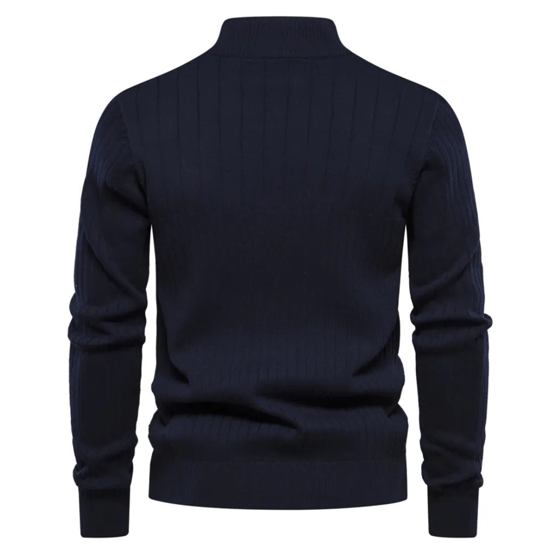 Ribbed men's mock neck quarter-zip sweater. A versatile long-sleeve design for fall & winter fashion.