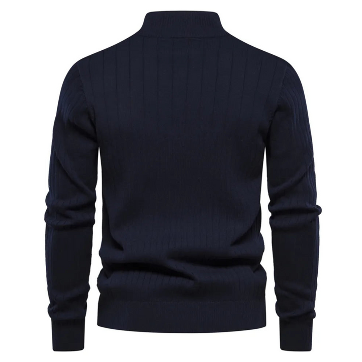 Ribbed men's mock neck quarter-zip sweater. A versatile long-sleeve design for fall & winter fashion.