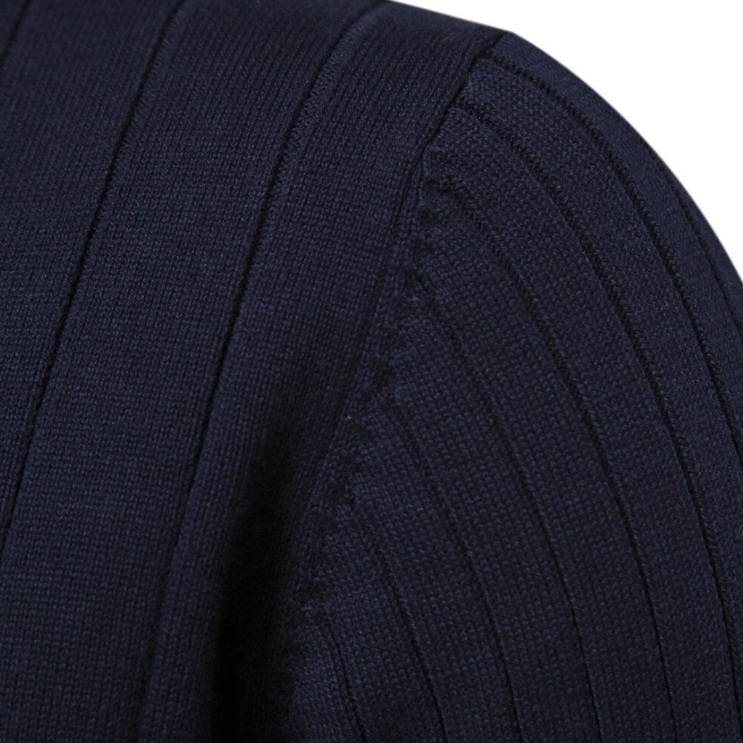 Men's mock neck quarter-zip sweater with long sleeves. Perfect ribbed design for smart casual layering.