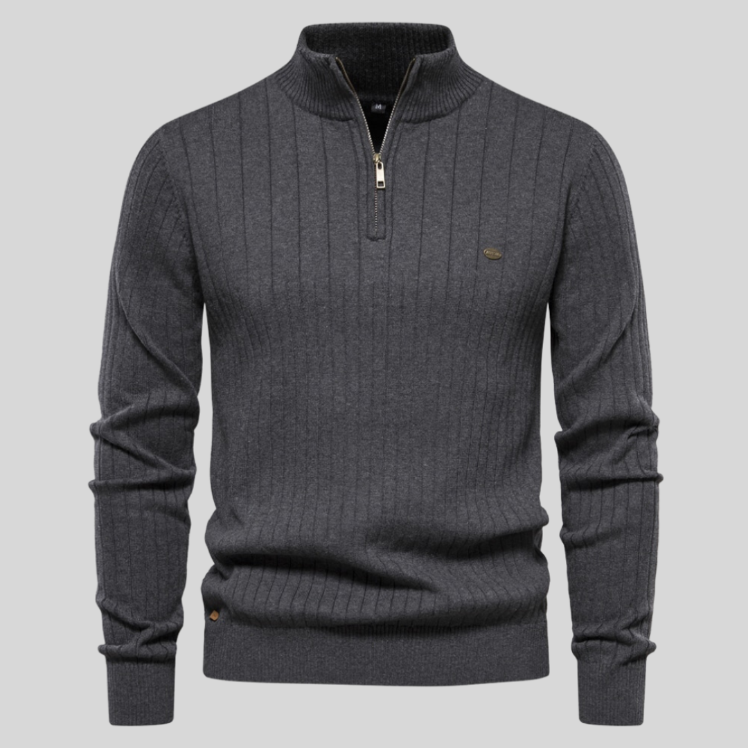 Warm ribbed men's quarter-zip sweater. Long-sleeve design for winter style, comfort, & versatile wear.