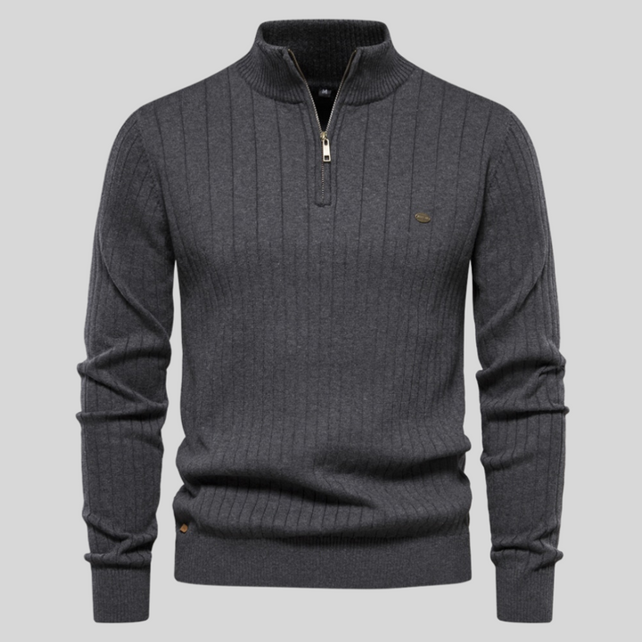 Warm ribbed men's quarter-zip sweater. Long-sleeve design for winter style, comfort, & versatile wear.