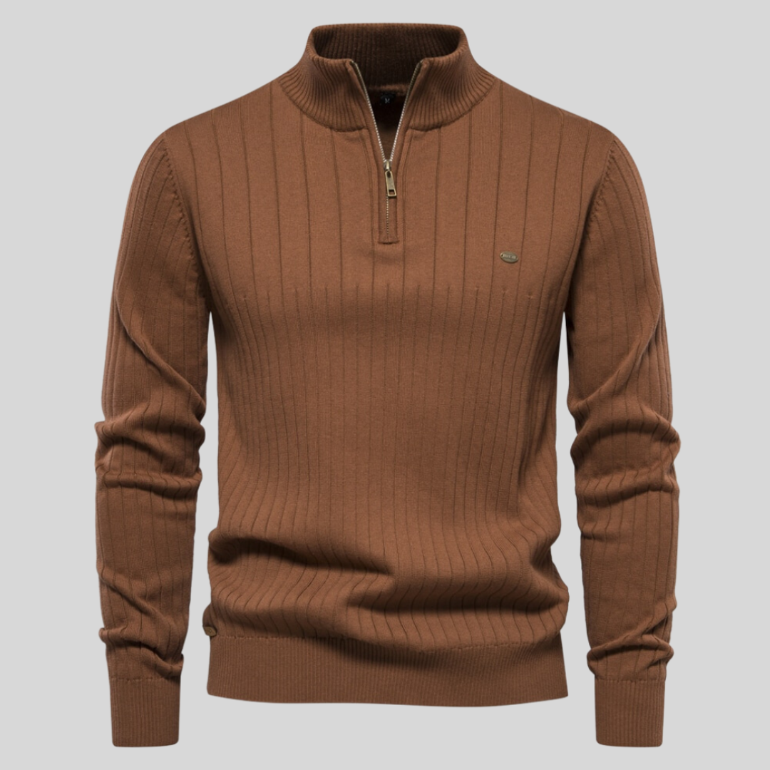 Fashionable men's quarter-zip long-sleeve sweater. Stylish and comfortable for versatile fall layering.
