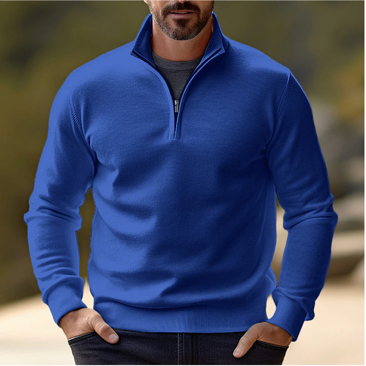 Men's quarter-zip pullover sweater with long sleeves & stand collar. Ideal for stylish, comfortable layering.