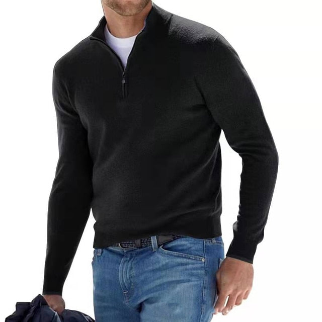 Comfortable men's quarter zip sweater. Versatile pullover with a stand collar for everyday wear.