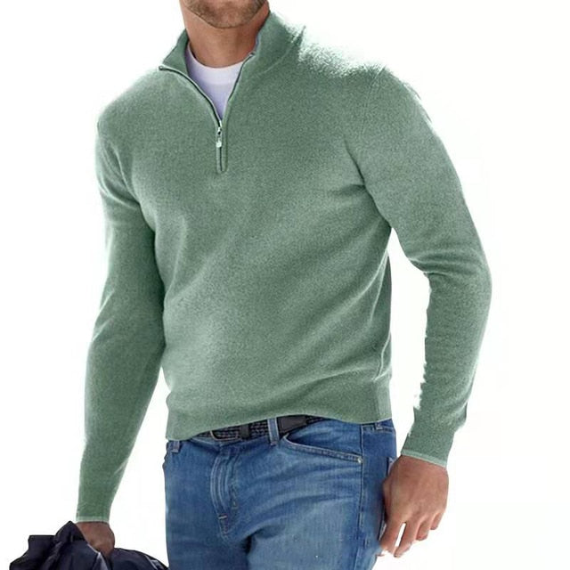 Versatile men's quarter zip pullover sweater for smart casual style. Features a comfortable stand collar.