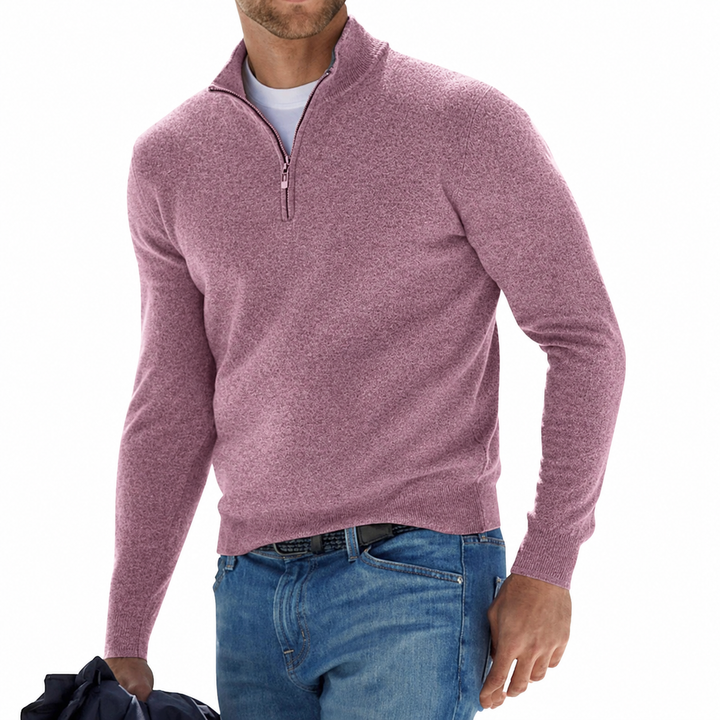Men's long sleeve quarter zip pullover sweater, featuring a stylish stand collar for ultimate comfort.