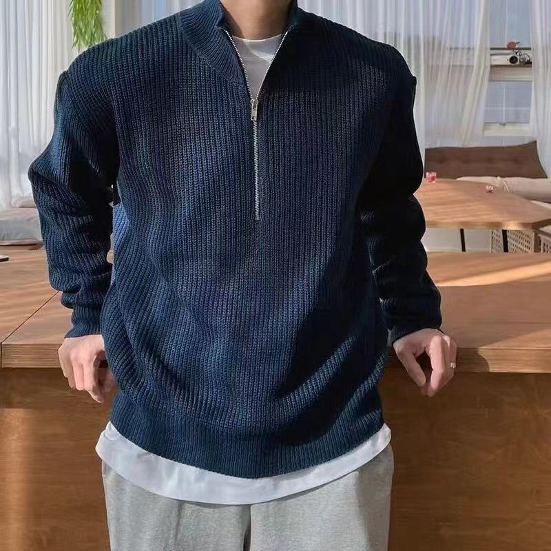 Men's quarter-zip ribbed knit sweater, ideal for fall & winter casual wear. Features a comfortable long sleeve & stand collar.