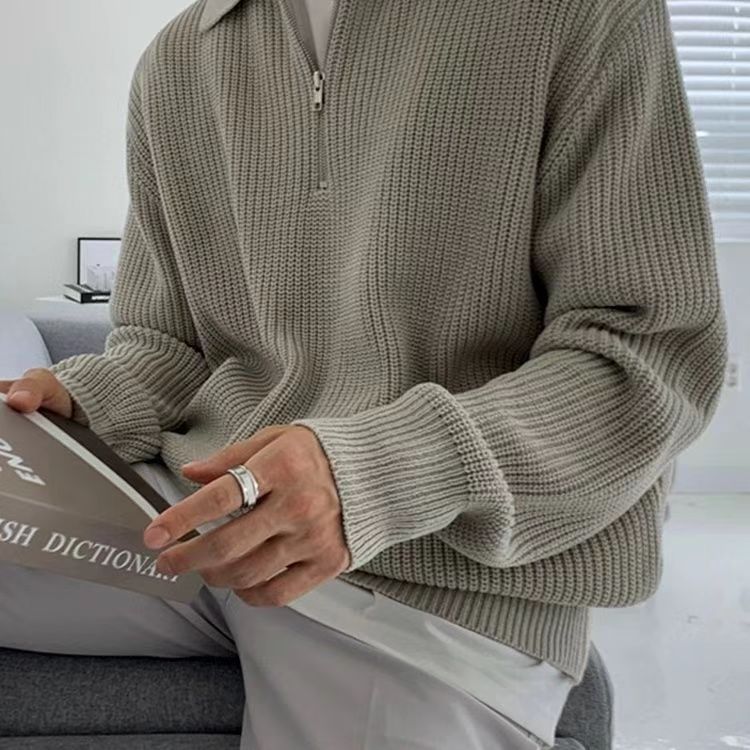 Cozy men's quarter-zip ribbed knit sweater, offering elevated comfort. A versatile long sleeve winter layer for men.