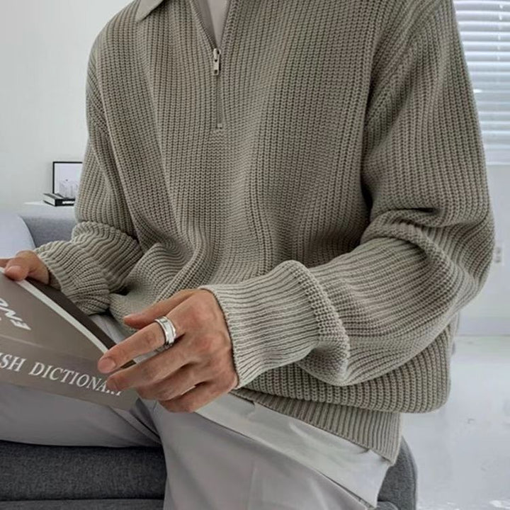 Cozy men's quarter-zip ribbed knit sweater, offering elevated comfort. A versatile long sleeve winter layer for men.