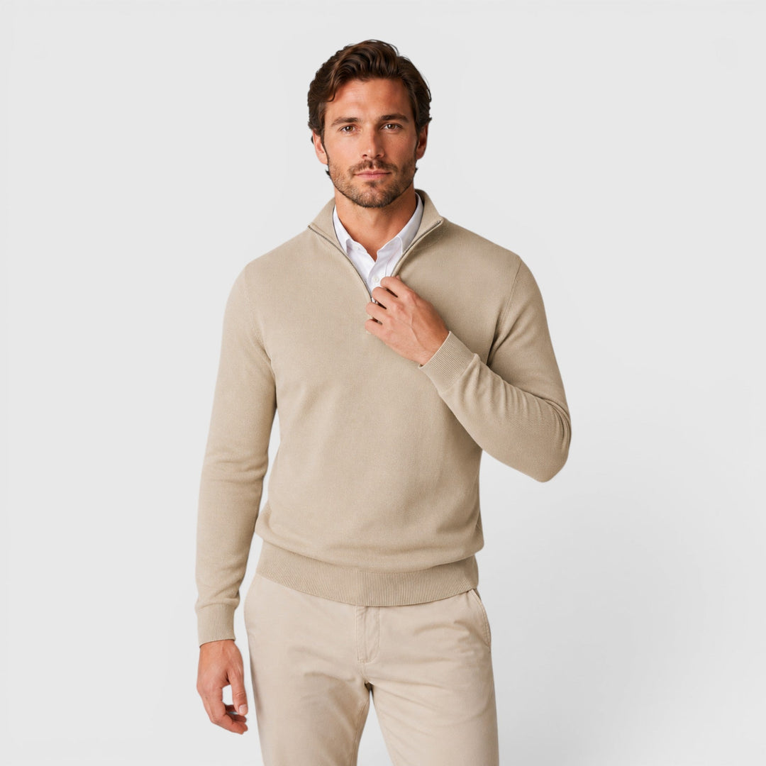 Men's quarter zip sweater, classic knit. Perfect for smart casual office wear or comfort.