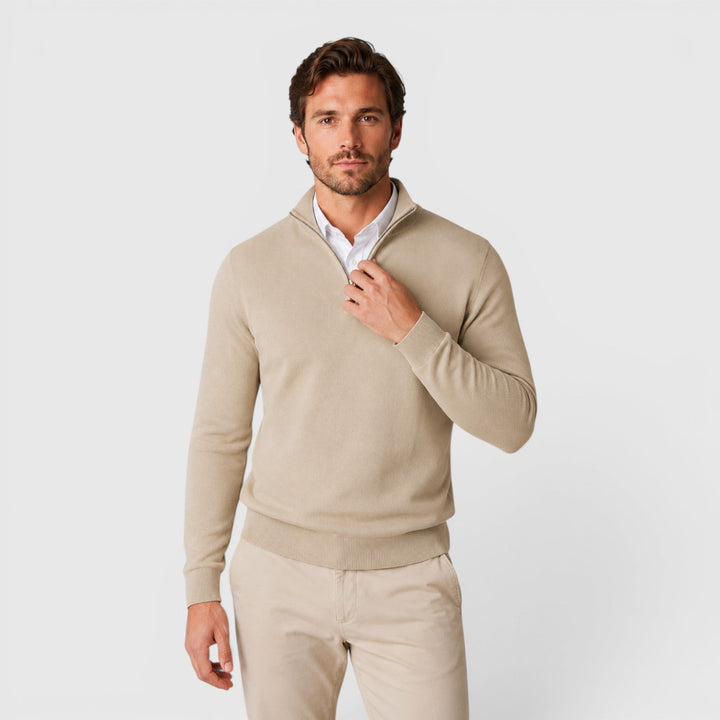 Men's quarter zip sweater, classic knit. Perfect for smart casual office wear or comfort.