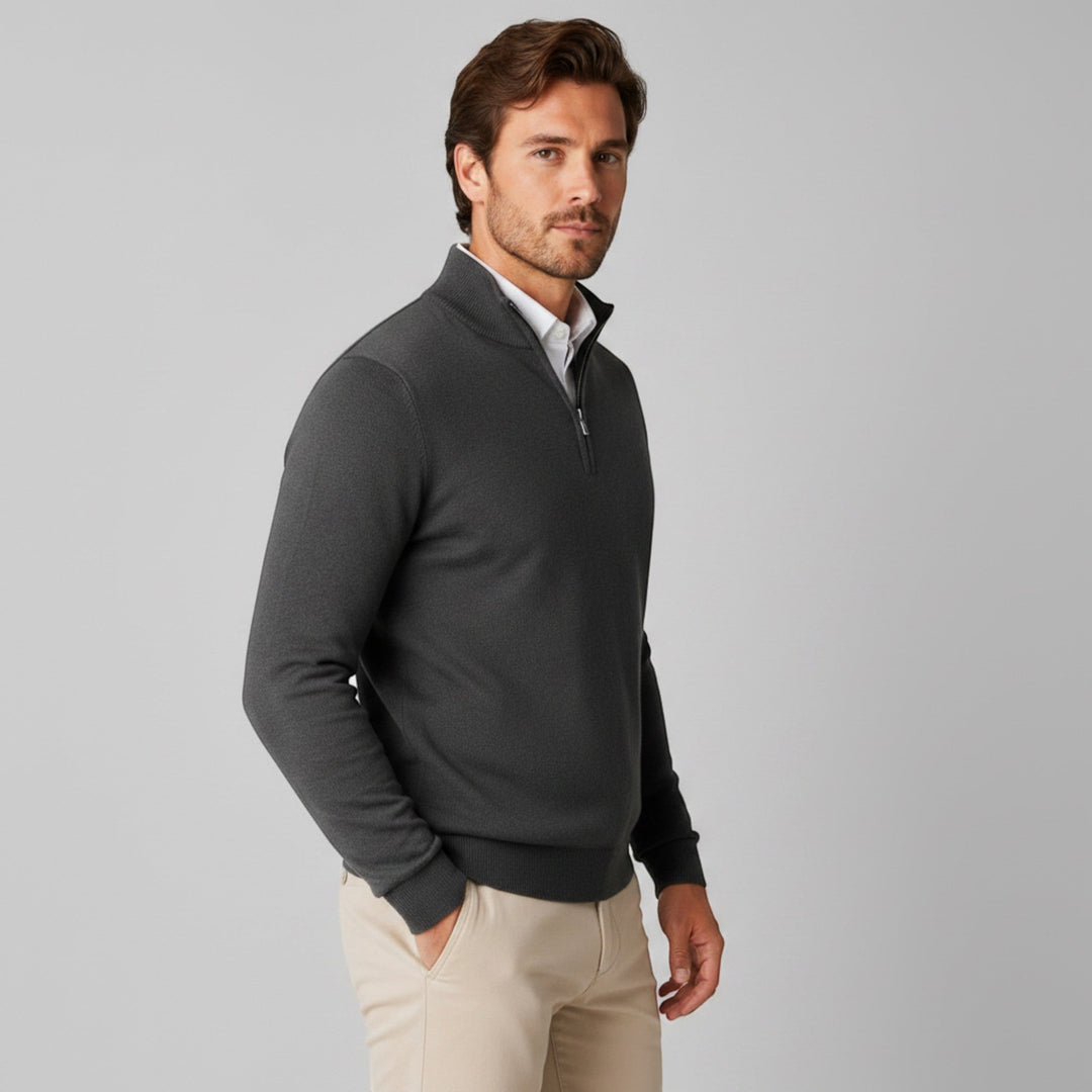 Comfortable men's quarter zip sweater. Versatile for casual wear, office, or smart-casual events.