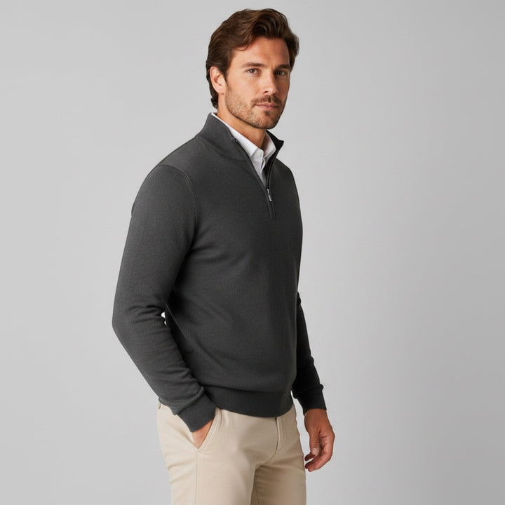 Comfortable men's quarter zip sweater. Versatile for casual wear, office, or smart-casual events.