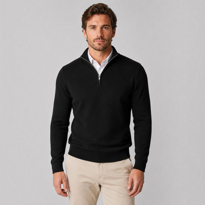 Men's smart casual quarter zip sweater. Easy to layer for a polished look.