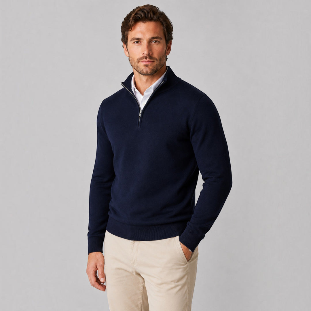Stylish men's quarter zip sweater. A wardrobe staple for casual and office environments.