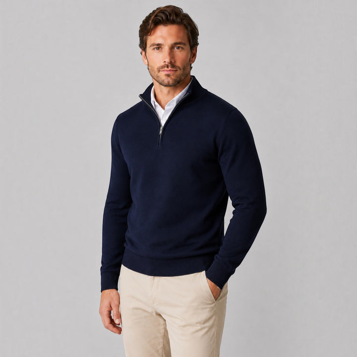Stylish men's quarter zip sweater. A wardrobe staple for casual and office environments.