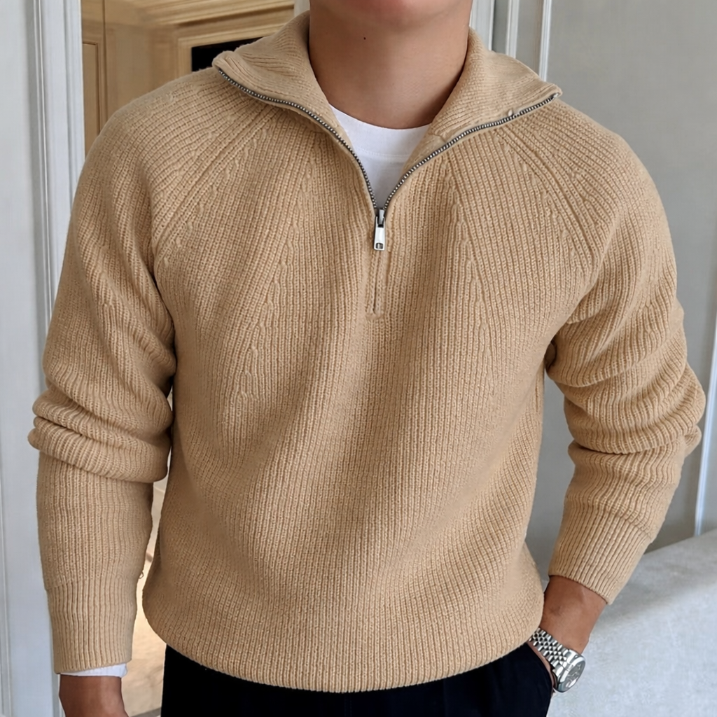 Stylish men's quarter-zip sweater. Ideal for casual wear, office or layering in fall & winter fashion.