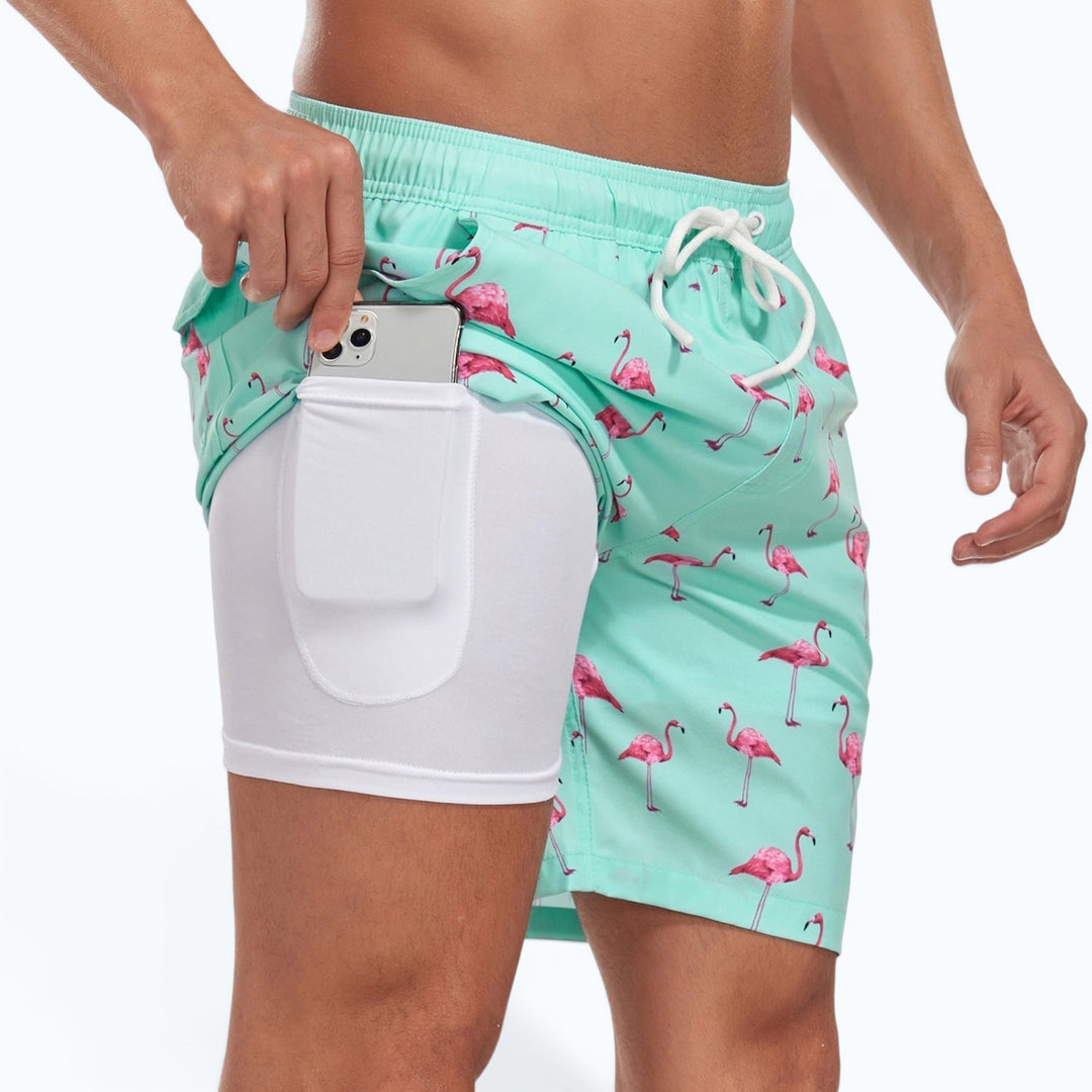 Stylish men's quick-dry board shorts, ideal compression swimwear for summer vacation.