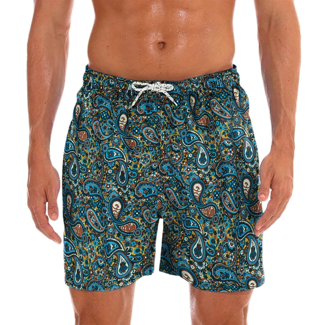 Men's quick-dry paisley print swim shorts. Perfect lightweight beachwear for summer vacations & pool.