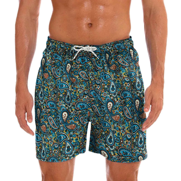 Men's quick-dry paisley print swim shorts. Perfect lightweight beachwear for summer vacations & pool.