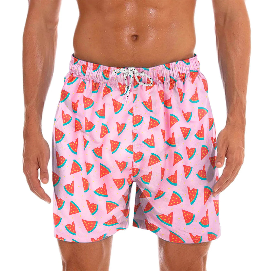 Vibrant paisley print men's swim shorts. Quick-dry fabric for beach, pool, or vacation. Essential summer fashion.