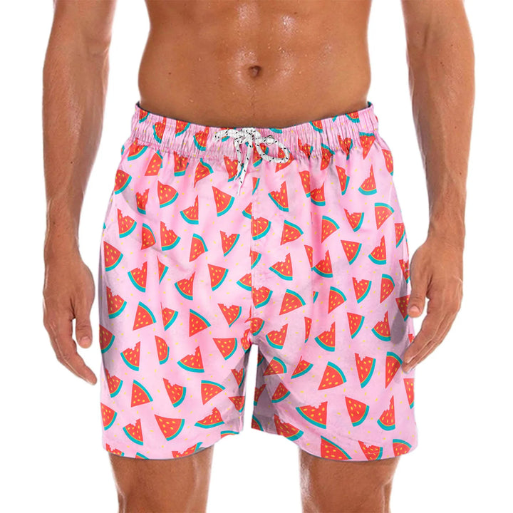 Vibrant paisley print men's swim shorts. Quick-dry fabric for beach, pool, or vacation. Essential summer fashion.