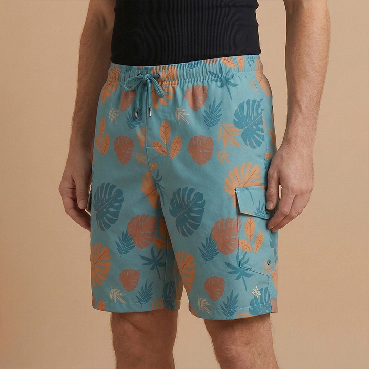 Summer fashion men's swim shorts, quick-dry & stretch for beach and pool activities.